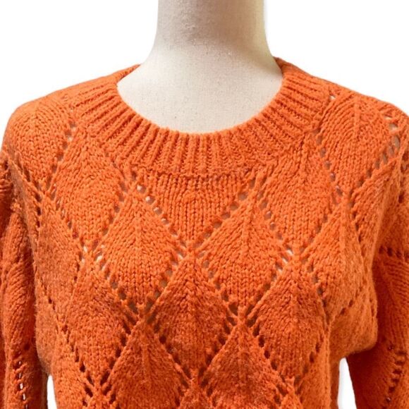 Moon River cropped orange oversized sweater loose crochet weave. Xs - Picture 2 of 7